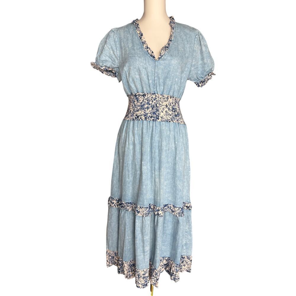 Red + Olive Blue Chambray Floral Smocked Waist Midi Dress Cottagecore Medium